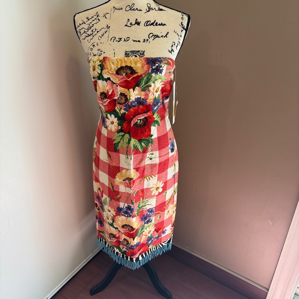 New vintage Mica floral gingham cotton/linen strapless midi dress
